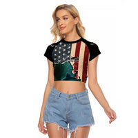 Catfish Fishing Raglan Cropped T Shirt with Underwater Scene and Distressed American Flag Background - Wonder Print Shop
