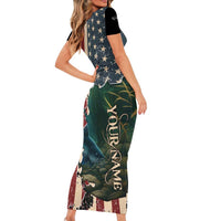 Catfish Fishing Short Sleeve Bodycon Dress with Underwater Scene and Distressed American Flag Background - Wonder Print Shop