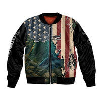 Catfish Fishing Sleeve Zip Bomber Jacket with Underwater Scene and Distressed American Flag Background - Wonder Print Shop