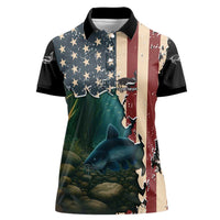 Catfish Fishing Women Polo Shirt with Underwater Scene and Distressed American Flag Background - Wonder Print Shop