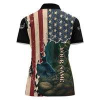 Catfish Fishing Women Polo Shirt with Underwater Scene and Distressed American Flag Background - Wonder Print Shop