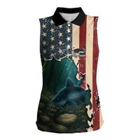 Catfish Fishing Women Sleeveless Polo Shirt with Underwater Scene and Distressed American Flag Background - Wonder Print Shop