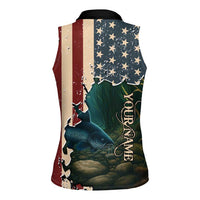Catfish Fishing Women Sleeveless Polo Shirt with Underwater Scene and Distressed American Flag Background - Wonder Print Shop