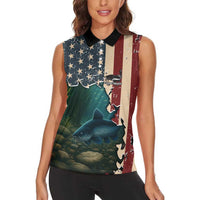 Catfish Fishing Women Sleeveless Polo Shirt with Underwater Scene and Distressed American Flag Background - Wonder Print Shop