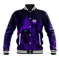 Custom Bowling Purple Flame Skull Baseball Jacket Custom Team Name on Dark Background - Wonder Print Shop