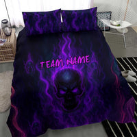 Custom Bowling Purple Flame Skull Bedding Set Custom Team Name on Dark Background - Wonder Print Shop