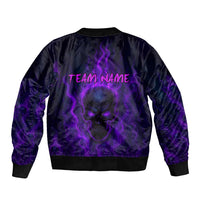 Custom Bowling Purple Flame Skull Bomber Jacket Custom Team Name on Dark Background - Wonder Print Shop