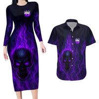 Custom Bowling Purple Flame Skull Couples Matching Long Sleeve Bodycon Dress and Hawaiian Shirt Custom Team Name on Dark Background - Wonder Print Shop