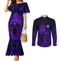 Custom Bowling Purple Flame Skull Couples Matching Mermaid Dress and Long Sleeve Button Shirt Custom Team Name on Dark Background - Wonder Print Shop