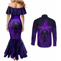 Custom Bowling Purple Flame Skull Couples Matching Mermaid Dress and Long Sleeve Button Shirt Custom Team Name on Dark Background - Wonder Print Shop