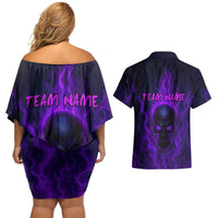 Custom Bowling Purple Flame Skull Couples Matching Off Shoulder Short Dress and Hawaiian Shirt Custom Team Name on Dark Background - Wonder Print Shop