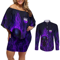 Custom Bowling Purple Flame Skull Couples Matching Off Shoulder Short Dress and Long Sleeve Button Shirt Custom Team Name on Dark Background - Wonder Print Shop
