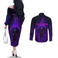 Custom Bowling Purple Flame Skull Couples Matching Off The Shoulder Long Sleeve Dress and Long Sleeve Button Shirt Custom Team Name on Dark Background - Wonder Print Shop