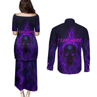 Custom Bowling Purple Flame Skull Couples Matching Puletasi and Long Sleeve Button Shirt Custom Team Name on Dark Background - Wonder Print Shop