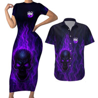 Custom Bowling Purple Flame Skull Couples Matching Short Sleeve Bodycon Dress and Hawaiian Shirt Custom Team Name on Dark Background - Wonder Print Shop