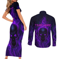 Custom Bowling Purple Flame Skull Couples Matching Short Sleeve Bodycon Dress and Long Sleeve Button Shirt Custom Team Name on Dark Background - Wonder Print Shop