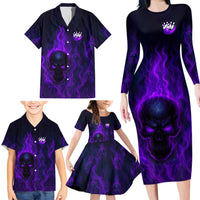 Custom Bowling Purple Flame Skull Family Matching Long Sleeve Bodycon Dress and Hawaiian Shirt Custom Team Name on Dark Background - Wonder Print Shop