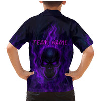 Custom Bowling Purple Flame Skull Family Matching Mermaid Dress and Hawaiian Shirt Custom Team Name on Dark Background - Wonder Print Shop