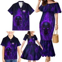 Custom Bowling Purple Flame Skull Family Matching Mermaid Dress and Hawaiian Shirt Custom Team Name on Dark Background - Wonder Print Shop