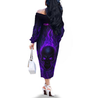 Custom Bowling Purple Flame Skull Family Matching Off The Shoulder Long Sleeve Dress and Hawaiian Shirt Custom Team Name on Dark Background - Wonder Print Shop