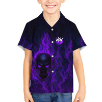 Custom Bowling Purple Flame Skull Family Matching Off Shoulder Maxi Dress and Hawaiian Shirt Custom Team Name on Dark Background - Wonder Print Shop