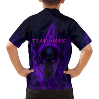 Custom Bowling Purple Flame Skull Family Matching Off Shoulder Short Dress and Hawaiian Shirt Custom Team Name on Dark Background - Wonder Print Shop