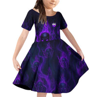 Custom Bowling Purple Flame Skull Family Matching Off Shoulder Short Dress and Hawaiian Shirt Custom Team Name on Dark Background - Wonder Print Shop