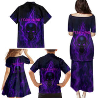 Custom Bowling Purple Flame Skull Family Matching Puletasi and Hawaiian Shirt Custom Team Name on Dark Background - Wonder Print Shop