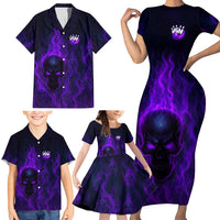 Custom Bowling Purple Flame Skull Family Matching Short Sleeve Bodycon Dress and Hawaiian Shirt Custom Team Name on Dark Background - Wonder Print Shop