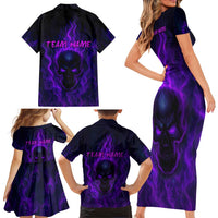 Custom Bowling Purple Flame Skull Family Matching Short Sleeve Bodycon Dress and Hawaiian Shirt Custom Team Name on Dark Background - Wonder Print Shop