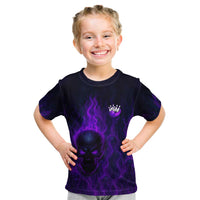 Custom Bowling Purple Flame Skull Kid T Shirt Custom Team Name on Dark Background - Wonder Print Shop