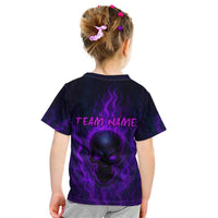 Custom Bowling Purple Flame Skull Kid T Shirt Custom Team Name on Dark Background - Wonder Print Shop
