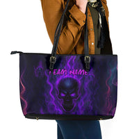 Custom Bowling Purple Flame Skull Leather Tote Bag Custom Team Name on Dark Background - Wonder Print Shop