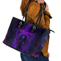 Custom Bowling Purple Flame Skull Leather Tote Bag Custom Team Name on Dark Background - Wonder Print Shop