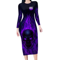 Custom Bowling Purple Flame Skull Long Sleeve Bodycon Dress Custom Team Name on Dark Background - Wonder Print Shop