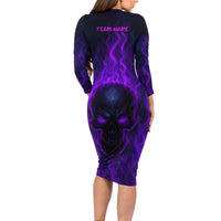 Custom Bowling Purple Flame Skull Long Sleeve Bodycon Dress Custom Team Name on Dark Background - Wonder Print Shop
