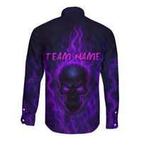 Custom Bowling Purple Flame Skull Long Sleeve Button Shirt Custom Team Name on Dark Background - Wonder Print Shop