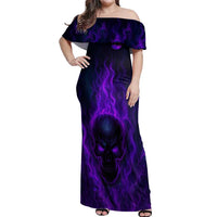 Custom Bowling Purple Flame Skull Off Shoulder Maxi Dress Custom Team Name on Dark Background - Wonder Print Shop