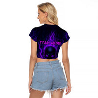 Custom Bowling Purple Flame Skull Raglan Cropped T Shirt Custom Team Name on Dark Background - Wonder Print Shop