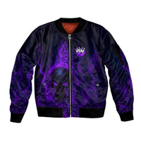 Custom Bowling Purple Flame Skull Sleeve Zip Bomber Jacket Custom Team Name on Dark Background - Wonder Print Shop
