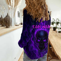 Custom Bowling Purple Flame Skull Women Casual Shirt Custom Team Name on Dark Background - Wonder Print Shop