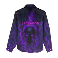 Custom Bowling Purple Flame Skull Women Casual Shirt Custom Team Name on Dark Background - Wonder Print Shop