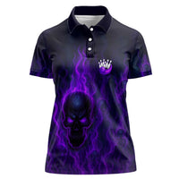 Custom Bowling Purple Flame Skull Women Polo Shirt Custom Team Name on Dark Background - Wonder Print Shop