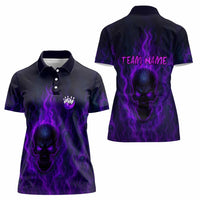 Custom Bowling Purple Flame Skull Women Polo Shirt Custom Team Name on Dark Background - Wonder Print Shop