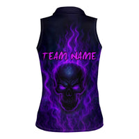 Custom Bowling Purple Flame Skull Women Sleeveless Polo Shirt Custom Team Name on Dark Background - Wonder Print Shop