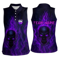 Custom Bowling Purple Flame Skull Women Sleeveless Polo Shirt Custom Team Name on Dark Background - Wonder Print Shop