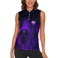 Custom Bowling Purple Flame Skull Women Sleeveless Polo Shirt Custom Team Name on Dark Background - Wonder Print Shop
