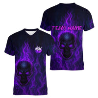 Custom Bowling Purple Flame Skull Women V-Neck T-Shirt Custom Team Name on Dark Background - Wonder Print Shop