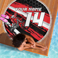 Custom Dirt Bike Beach Blanket Motocross Rider Red Black Hex Pattern and Racing Number - Wonder Print Shop