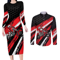 Custom Dirt Bike Couples Matching Long Sleeve Bodycon Dress and Long Sleeve Button Shirt Motocross Rider Red Black Hex Pattern and Racing Number - Wonder Print Shop